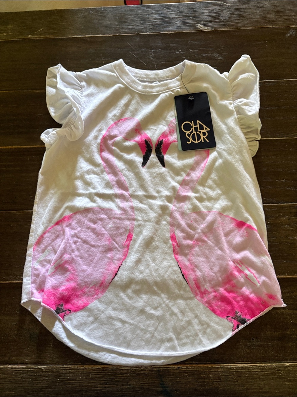 Chasor Girls' White Flutter Sleeve Top with Pink Flamingo Print